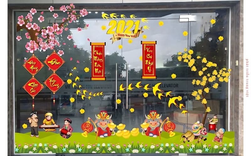 Bộ decal hoa mai vàng kèm câu chúc Tết